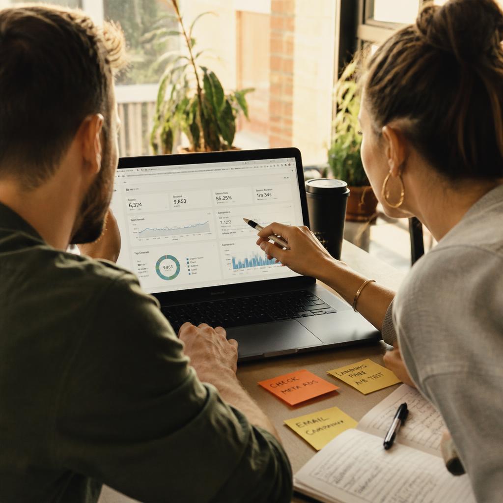 Small agency team reviewing client performance on a laptop