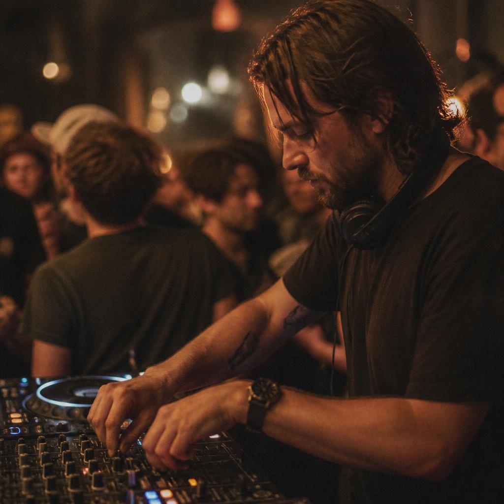 DJ performing on a controller in a warm-lit intimate venue