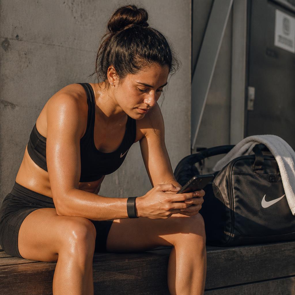 Athlete checking her phone during a training break in warm gym light