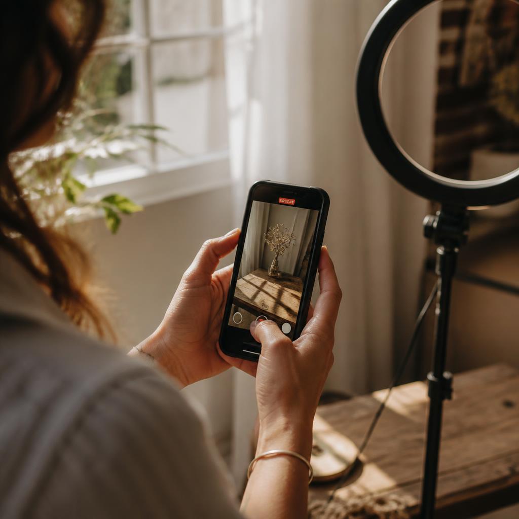 Creator filming content on a phone in a bright apartment